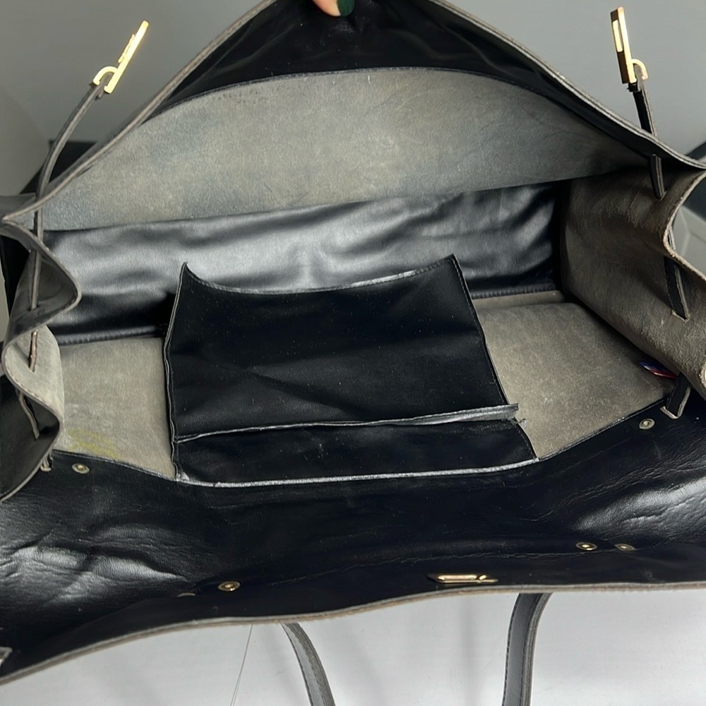 Vintage Large Black Leather Sellier Style Handbag Made in France - Picture 11 of 14